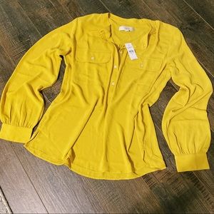 Loft Henley Utility Blouse Mustard Yellow New Tags Size Medium Top Button Up